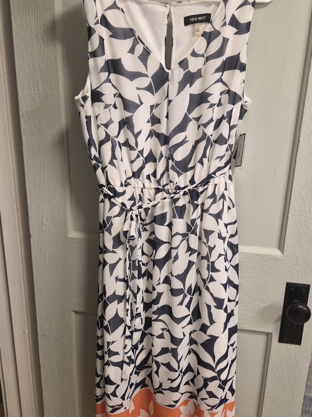 Nine West White & Navy Leaf Print Sleeveless Dress with Orange Hem